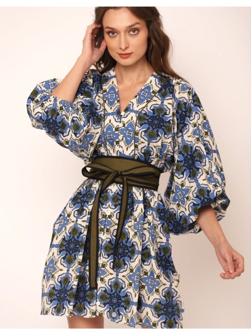 Beyond by Vera the Lara Dress Medium $360 Cobalt Blue Print Moroccan Boho